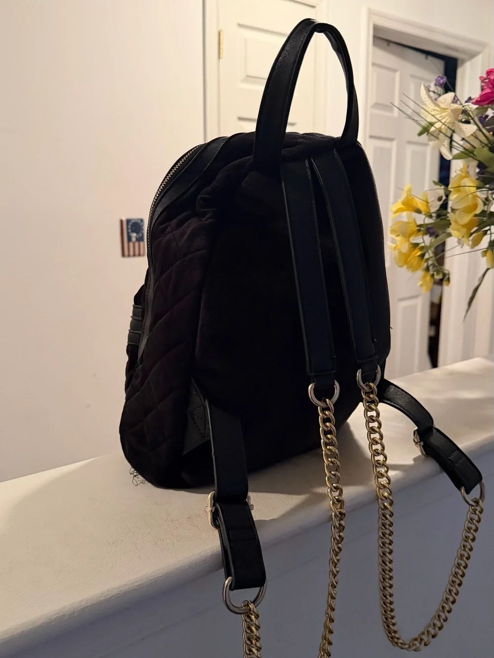 Adrienne Vittadini Quilted Black Velvet Mini Backpack